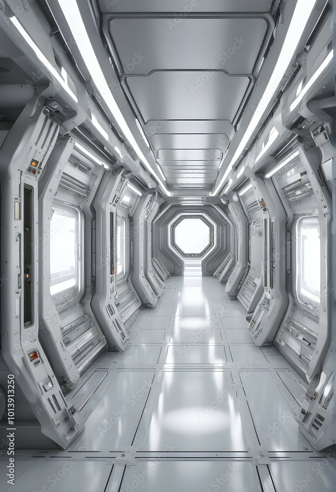 Poster three dimensional render of futuristic corridor inside a spaceship or space station, ai generated