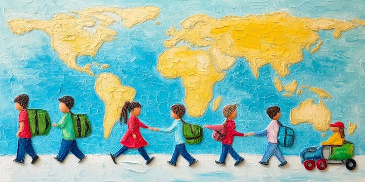 Journey to New Horizons: Create an image of diverse individuals and families traveling, symbolizing migration patterns and the search for better opportunities around the