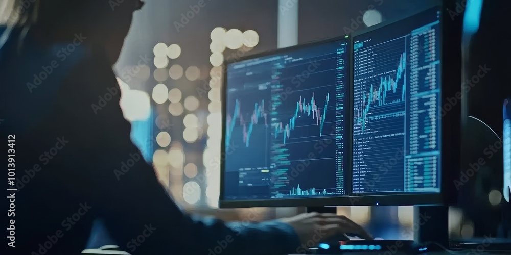 Fototapete stock market analysis: create an image of a person analyzing stock charts on a computer, showcasing 