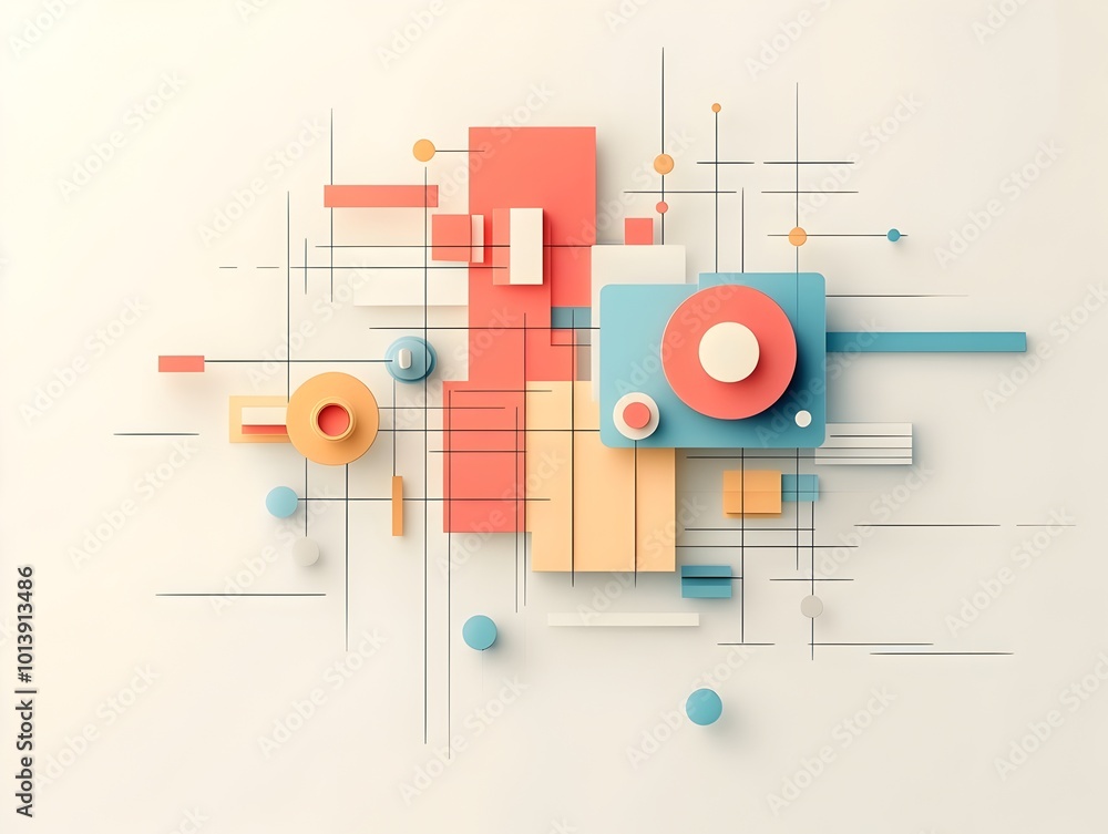 Poster simplistic digital motif featuring sharp angular forms and a muted color gradient conveying an innov