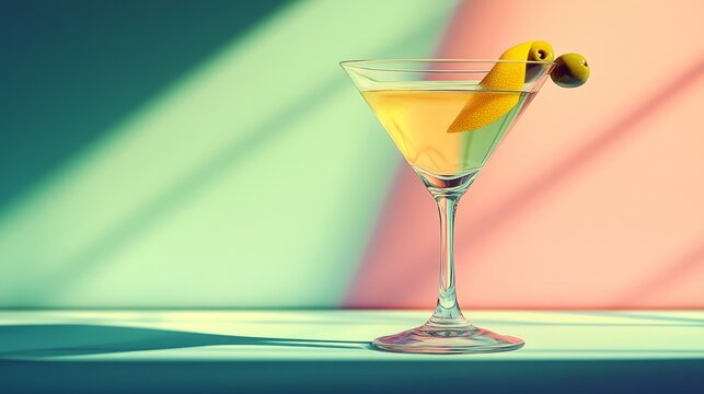 A classic martini cocktail with a lemon twist and olive garnish, presented on a white surface with a green and pink backdrop.