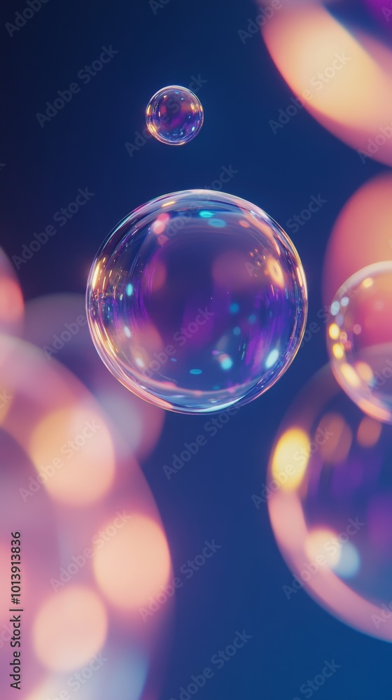 Poster colorful soap bubbles with bokeh effect on a dark blue background, abstract and dreamy atmosphere