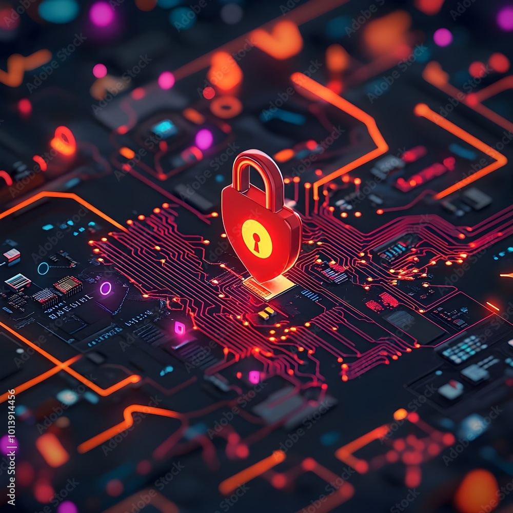 Poster secure digital network with padlock icon on vibrant holographic world map and futuristic circuitry c