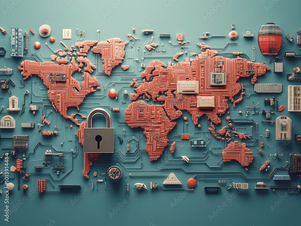 Poster highly detailed and vivid depicting a secure global digital network infrastructure visualized throug