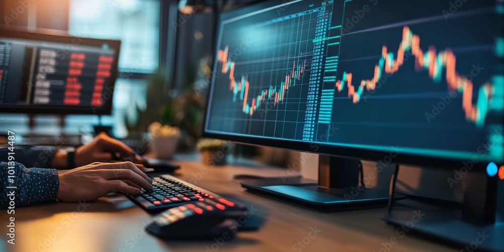 Poster analyzing economic reports: create an image of a financial analyst reviewing economic reports and tr