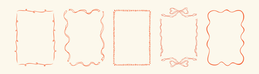 Collection of doodle hand drawn trendy frames with wavy lines, bows and ribbons. Minimalist line art. Modern whimsical borders for wedding invitations, birthday card, lunch menus. Vector illustration.