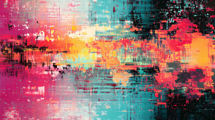 Abstract digital art with glitch effects in vibrant colors, simulating a distorted screen. Glitch Art. Illustration