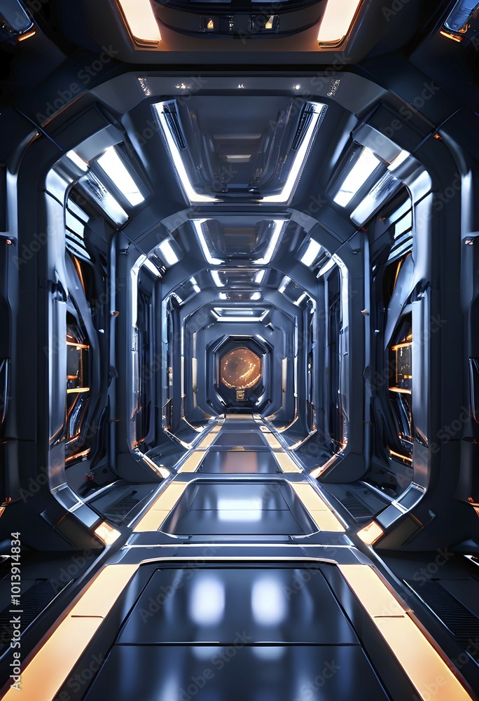 Poster three dimensional render of futuristic corridor inside a spaceship or space station, ai generated