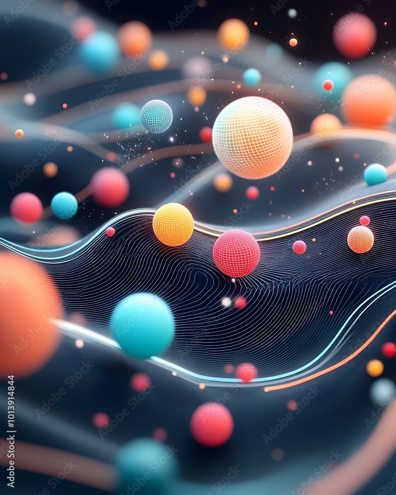 Poster vibrant digital playground filled with swirling data particles playful 3d wireframe structures and h
