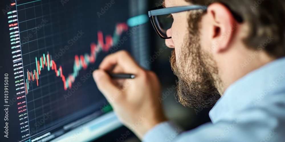 Poster trader using indicators: illustrate a trader actively using a trading platform with a chart full of 
