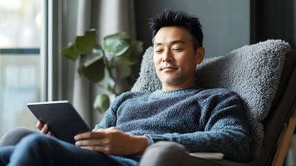 Relaxed East Asian man using his tablet while reclining on a cozy armchair, grey background.