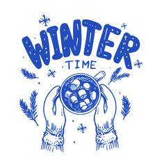 Hands holding hot drink, mulled wine, tea, autumn monochrome sketch, hand drawn vector illustration