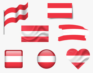 Austria flag - set of icons. Vector flag of Austria, symbol. Set of austrian flags - button, waved, brush, heart.