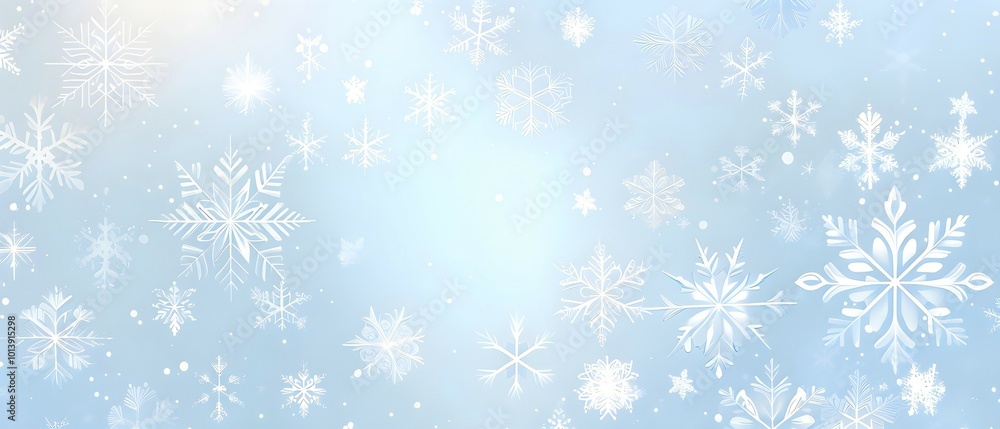 Poster abstract pattern of snowflakes in varying sizes and shapes in soft white and blue gradients, ai gene
