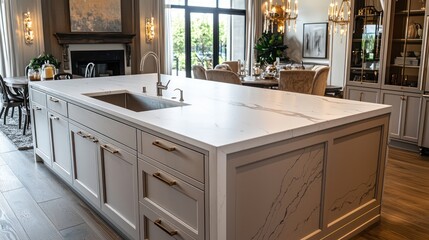 A spacious kitchen with a massive island featuring an integrated sink and white marble countertop