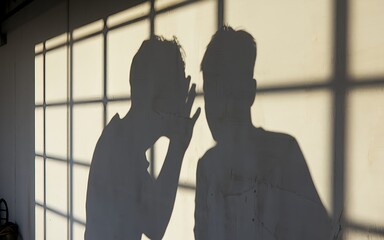 Shadow of two people whispering in the afternoon light. Secretive conversation