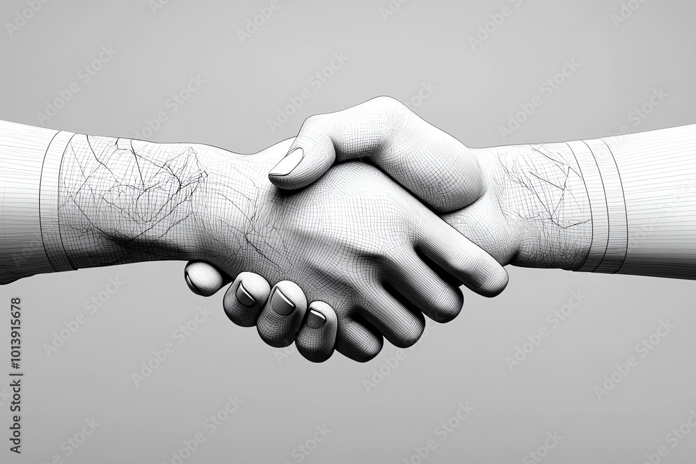 Poster minimalist scene of a handshake, representing a business deal meeting expectations, drawn in clean l