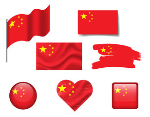 China flag set of icons. Vector flag of China symbol. Set of China flags button, waved, brush, heart.