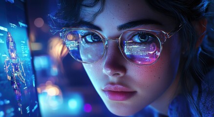A close-up of a focused woman in glasses illuminated by blue light with digital screen reflection