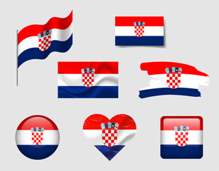 Croatia flag set of icons. Vector flag of Croatia, symbol. Set of Croatian flags brush, button, waved, heart.