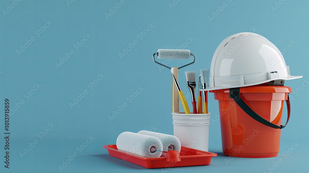 Poster a 3d rendering of a white safety helmet, a red paint bucket, and paint rollers on a blue background.