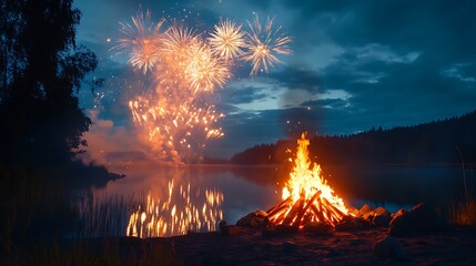 The glow of the bonfire reflecting in a nearby lake, with fireworks in the background.