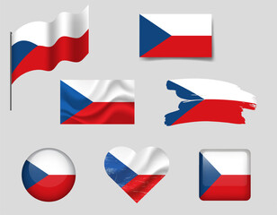 Czech Republic flag set of icons. Vector flag of Czech, symbol. Set of Czech flags brush, button, waved, heart.