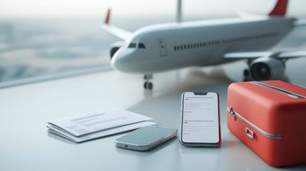 A close-up of a smartphone displaying a flight itinerary on a table at an airport, with a suitcase and a plane in the background.