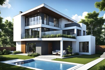Fototapeta premium Three dimensional render of a modern ecological real estate residential house, AI gnerated, AI generated
