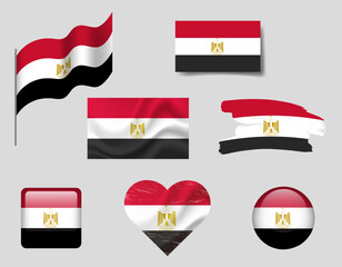 Egypt flag set of icons. Vector flag of Egypt, symbol. Set of Egyptian flags button, brush, waved, heart.