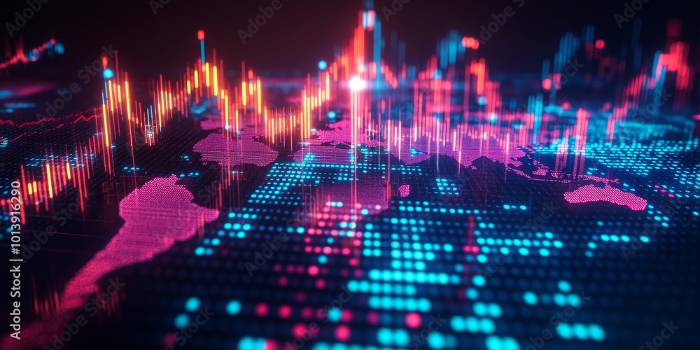 Poster world stock market overview: create an image showing a global map with major stock markets highlight