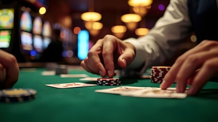 Close-up of Hands Placing Chips on a Poker Table