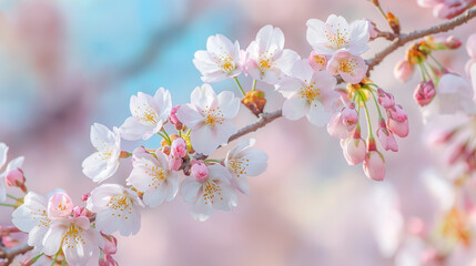 Obraz premium A delicate and serene scene of cherry blossom branches. The blossoms are in varying stages of bloom, with some fully open and others still budding.