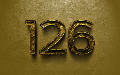 3D dark golden number design of 126 on cracked golden background.