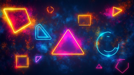 Colorful neon geometric shapes on a dark cosmic background.