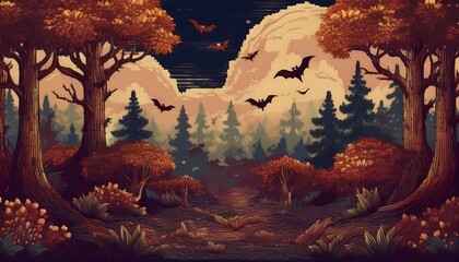 A serene autumn forest at night featuring muted brown trees and bats flying under a starry sky. Generative AI