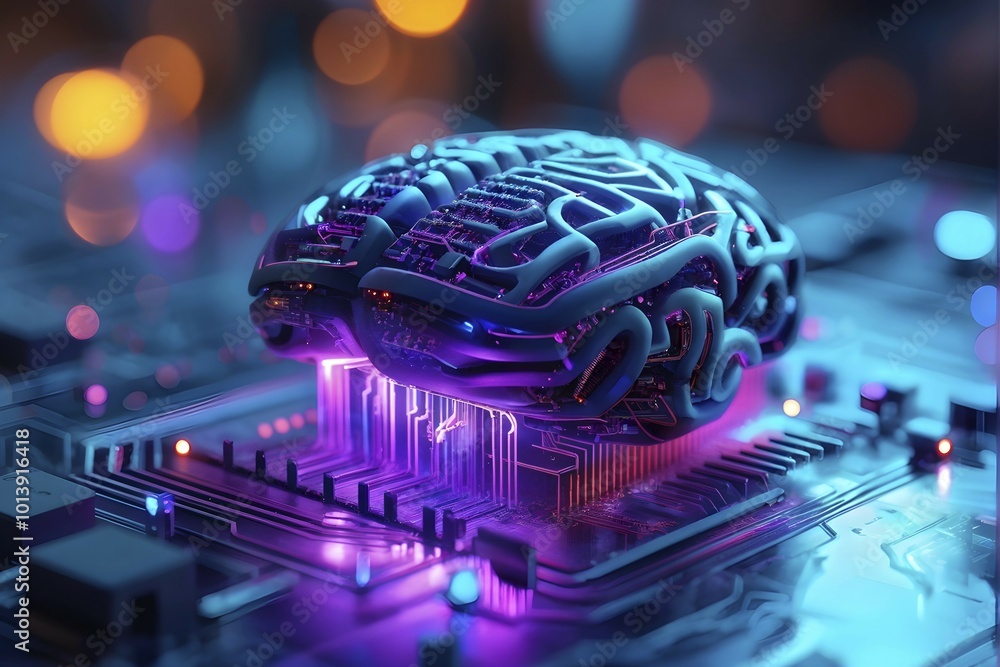 Aufkleber human brain intricately interlinked with the circuits of a computer board symbolizing artificial int