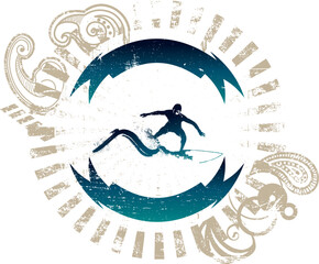 surf emblem with surfer with copyspace