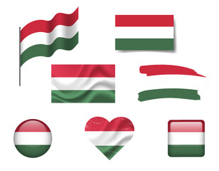 Hungary flag set of icons. Vector flag of Hungary, symbol. Set of hungarian flags brush, button, waved, heart.