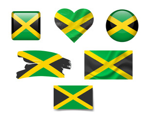 Jamaica flag set of icons. Vector flag of Jamaica, symbol. Set of Jamaica flags button, brush, waved, heart.