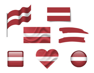 Latvia flag set of icons. Vector flag of Latvia, symbol. Set of Latvian flags button, brush, waved, heart.