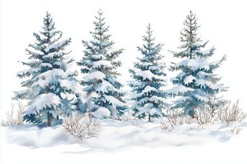 Fototapeta premium Winter spruce forest with the snow-covered spruces hand drawn in watercolor isolated on a white background. Watercolor winter illustration. Winter landscape