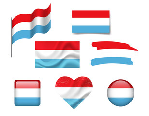 Luxembourg flag set of icons. Vector flag of Luxembourg, symbol. Set of Luxembourg flags button, waved, heart.