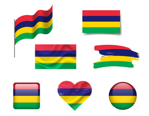 Mauritius flag set of icons. Vector flag of Mauritius, symbol. Set of Mauritius flags button, waved, heart.