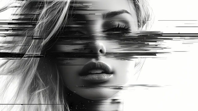 Cinematic black and white glitch art of an exotic blonde. Glitch Art. Illustration