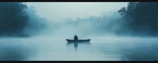 Serene morning scene of a fisherman on a boat in a misty river landscape with trees shrouded in fog
