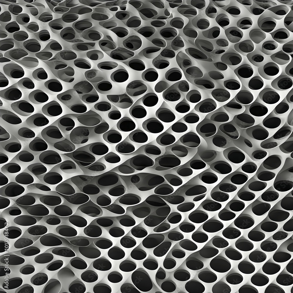 Poster abstract rendering of organic grid structure in a complex pattern in black and white, ai generated