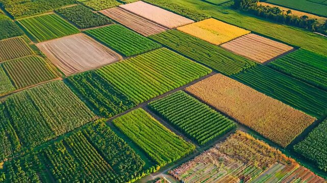 An aerial view captures the vivid patchwork of farmland with lush green fields and varying crops. The image, likely taken during the day, showcases the diverse agricultural patterns and the beauty of