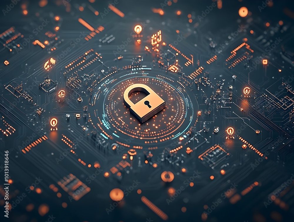 Poster encrypted futuristic digital domain with holographic padlock symbol floating above intricate circuit