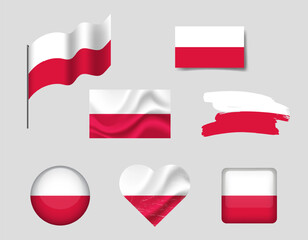 Poland flag set of icons. Vector flag of Poland, symbol. Set of Polish flags brush, button, waved, heart.